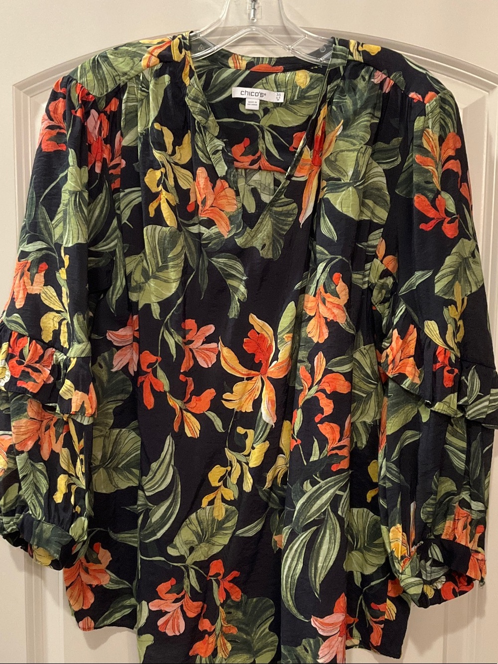 Chico's Black Floral V-Neck Blouse with Orange and Green Leaves